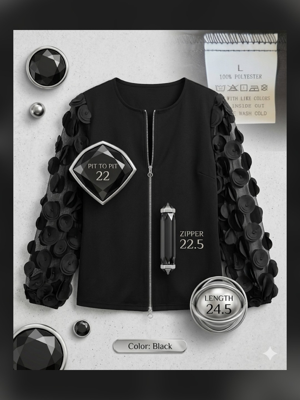Luxury 3D Floral Applique Mesh Sleeve Statement Bomber Jacket Black